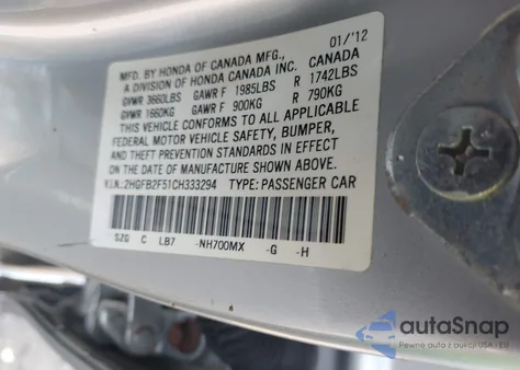 2012 Honda Civic Lx из США, поврежденный, VIN 2HGFB2F51CH333294